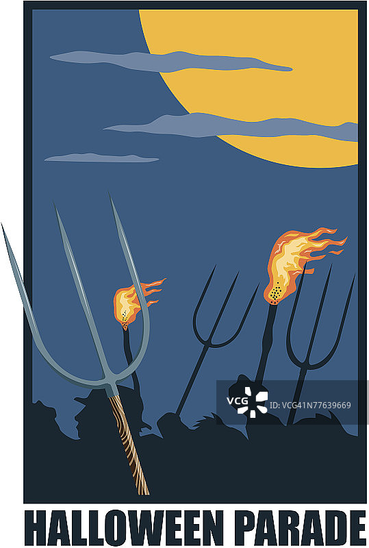 万圣节游行：人们手持火炬和草叉图片素材