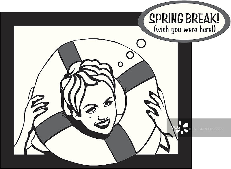 春假！（真希望你在这里！）女孩从内胎里向外看的标志图片素材