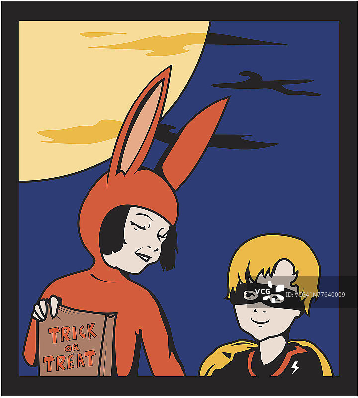 两个孩子穿着戏服，拿着不给糖就捣蛋的袋子图片素材