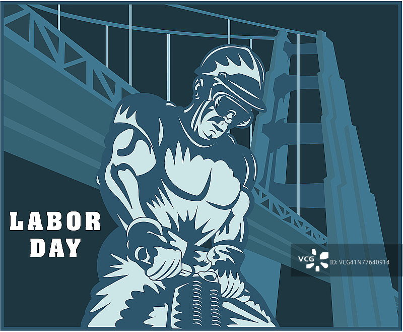 劳动节：男人在桥边使用手提钻图片素材