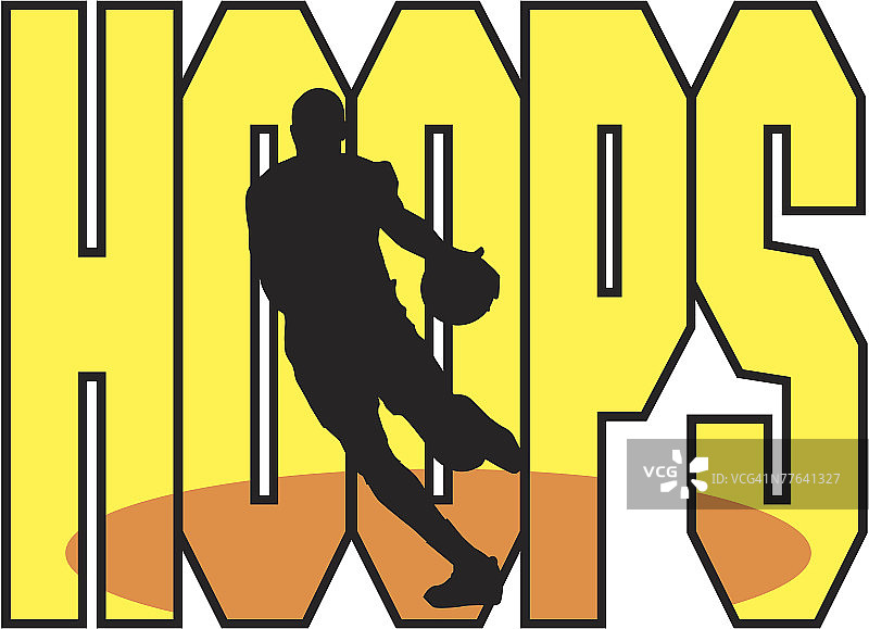 篮球运动员剪影，背景为“Hoops”字样图片素材