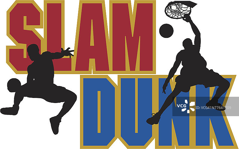 篮球运动员的剪影与背景中的“Slam Dunk”字样图片素材