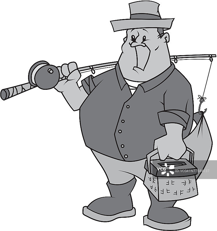 带着渔具，裤子被鱼钩钩住的男人图片素材