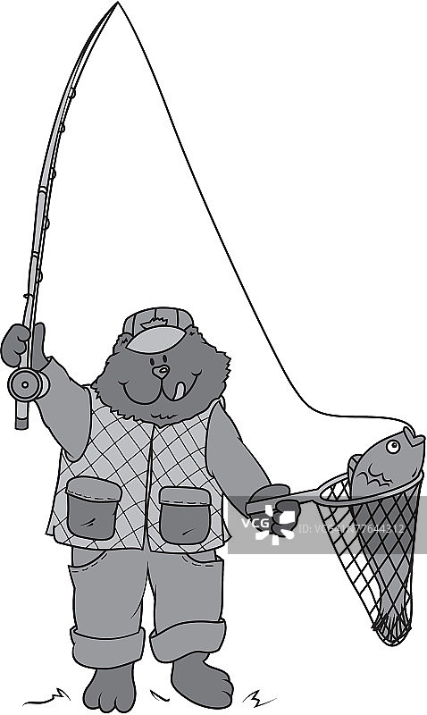 熊用杆和网捕鱼图片素材