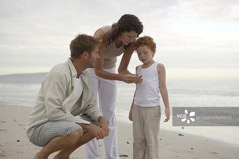 一家人在海滩上捡贝壳图片素材