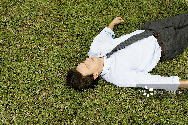 高角度视图的商人躺在草地上图片素材