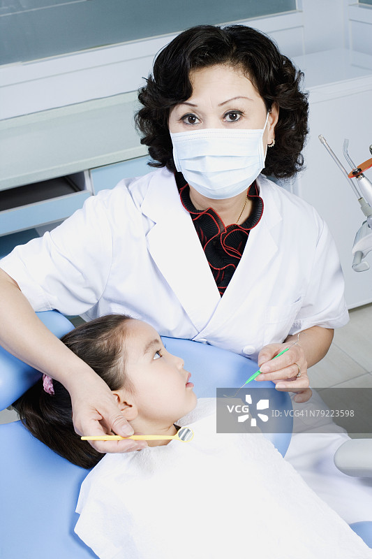 女牙医检查女孩牙齿特写图片素材