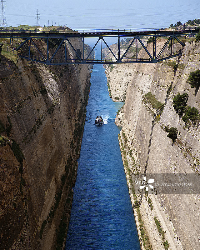 在希腊科林斯运河行驶的船图片素材
