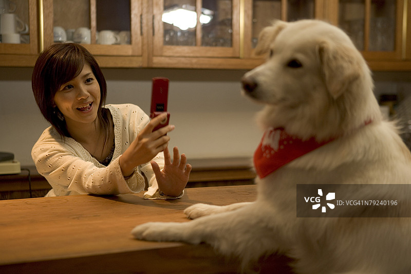 一个女孩用手机给狗拍照图片素材