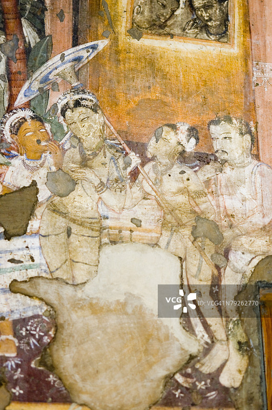 印度马哈拉施特拉邦阿旃陀石窟壁画特写图片素材