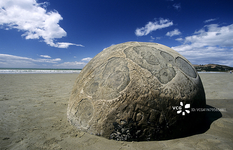 新西兰南岛：摩拉基海滩上的巨石特写图片素材