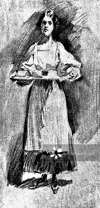 服务员正在准备晚餐。19世纪。图片素材