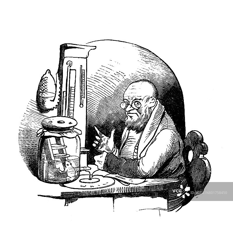 资深科学家坐在桌旁，用手指着技术设备。桌子上的罐子里坐着青蛙 - 插图图片素材