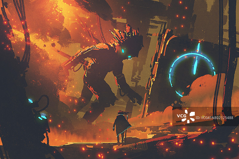 男人观看背景为燃烧城市的巨型机器人图片素材