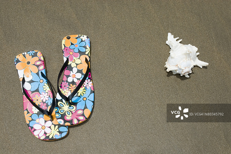 高角度视图的一双拖鞋和一个海螺图片素材