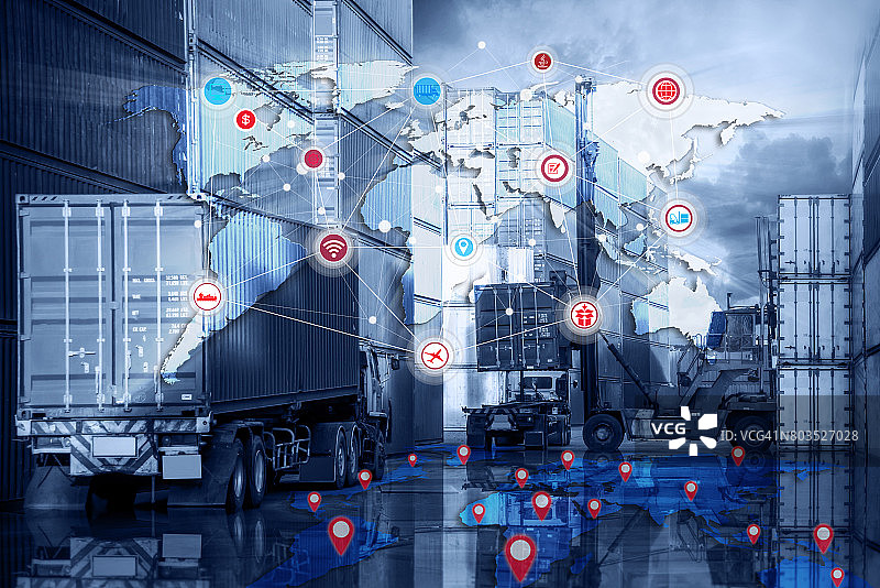 全球物流合作的智能科技概念与集装箱货轮和货机的运输图片素材
