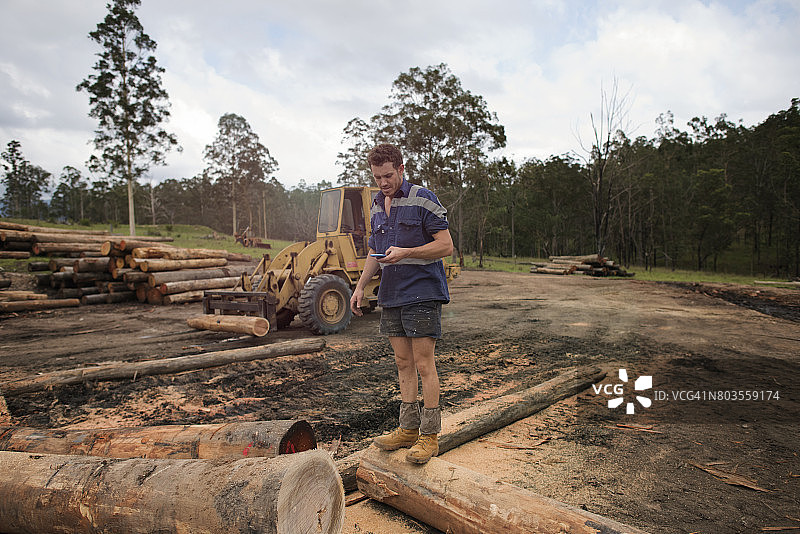 在锯木厂使用智能手机的澳大利亚商人图片素材