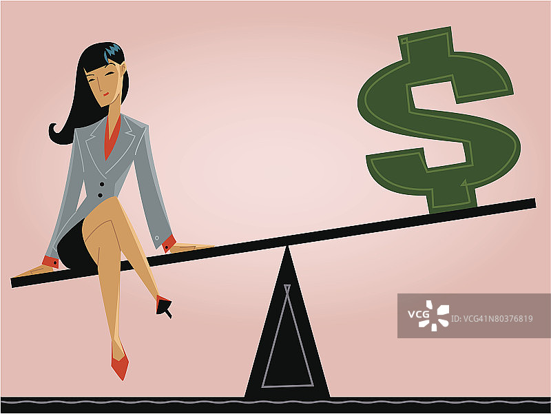 在跷跷板上与美元符号的女人图片素材