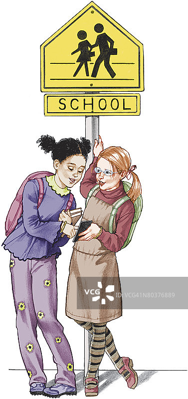 女孩们在学校路口标志旁聊天图片素材