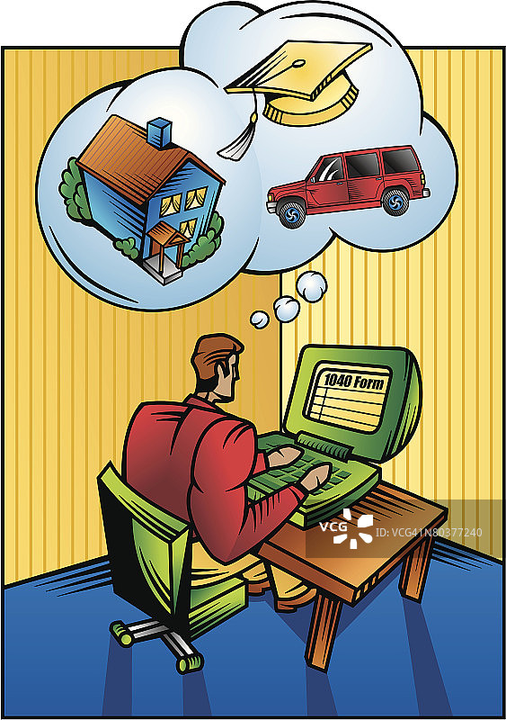 男人在电脑上报税，1040表格，彩色，分组元素图片素材