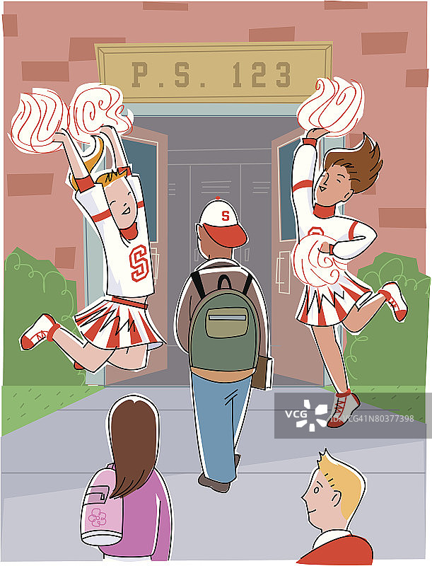 啦啦队队员在学校建筑外图片素材