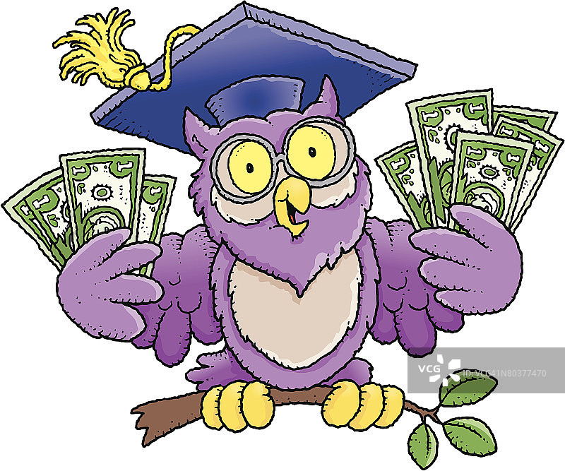 戴着毕业帽、拿着现金的猫头鹰图片素材