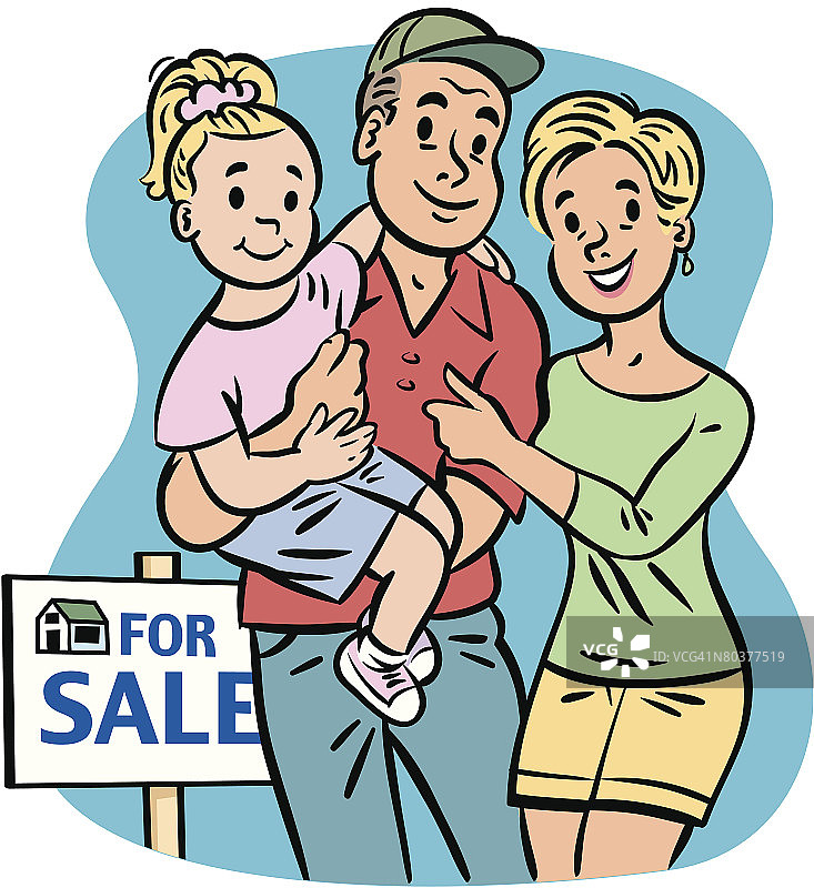 年轻家庭和“待售”标志图片素材
