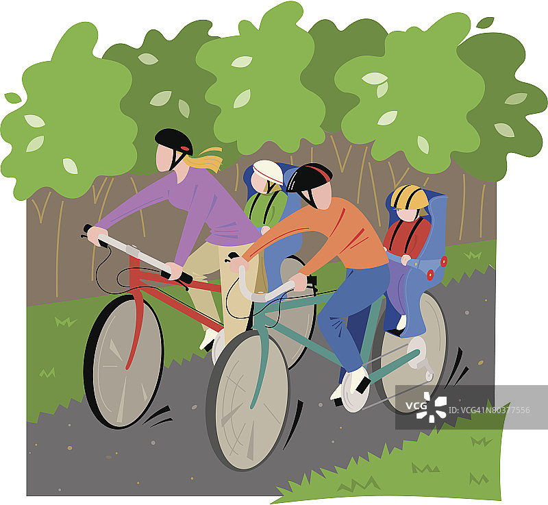 一名男子和一名女子骑着自行车，后座上有儿童座椅，彩色图片素材