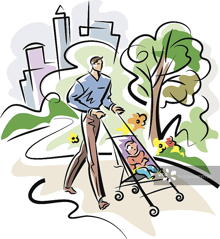 父亲推着婴儿车在公园里散步图片素材