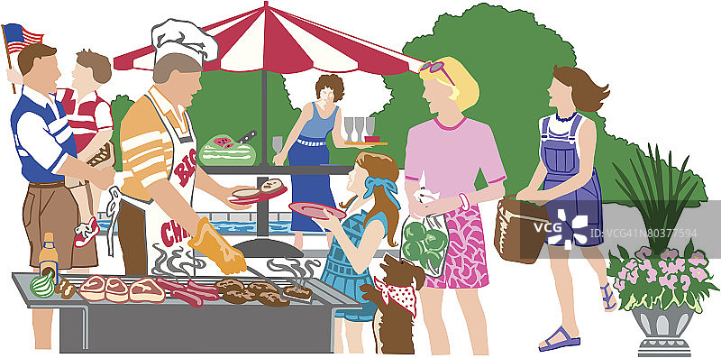 阵亡将士纪念日烧烤聚会彩色插画图片素材