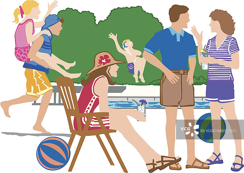 泳池边的人们，彩色插画，元素组合，泳池派对！图片素材