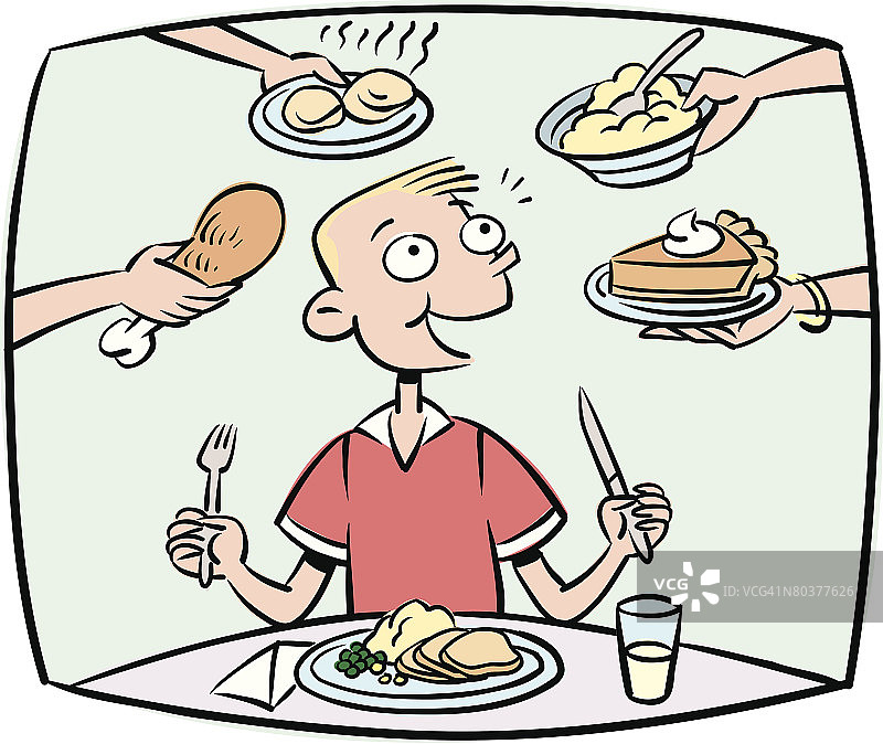 男孩被提供大量食物，彩色，分组元素图片素材