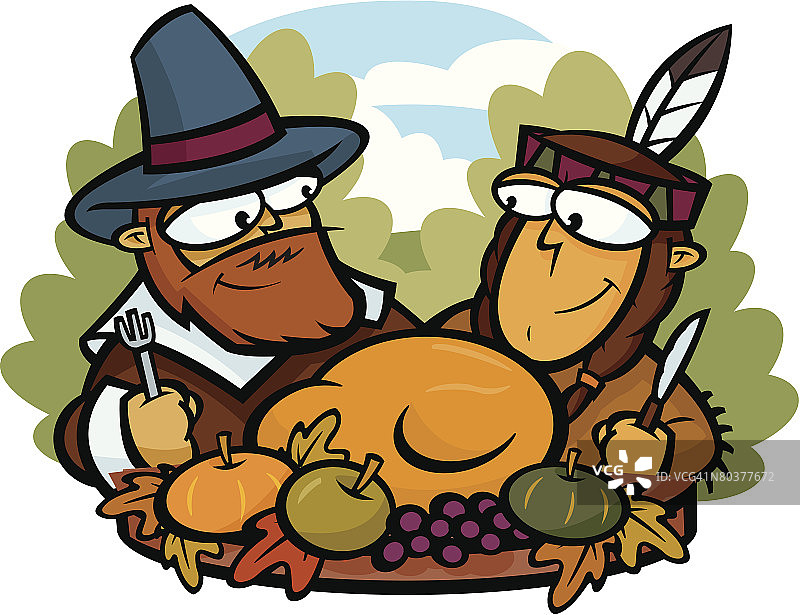 第一次感恩节的清教徒与美洲原住民彩色图图片素材