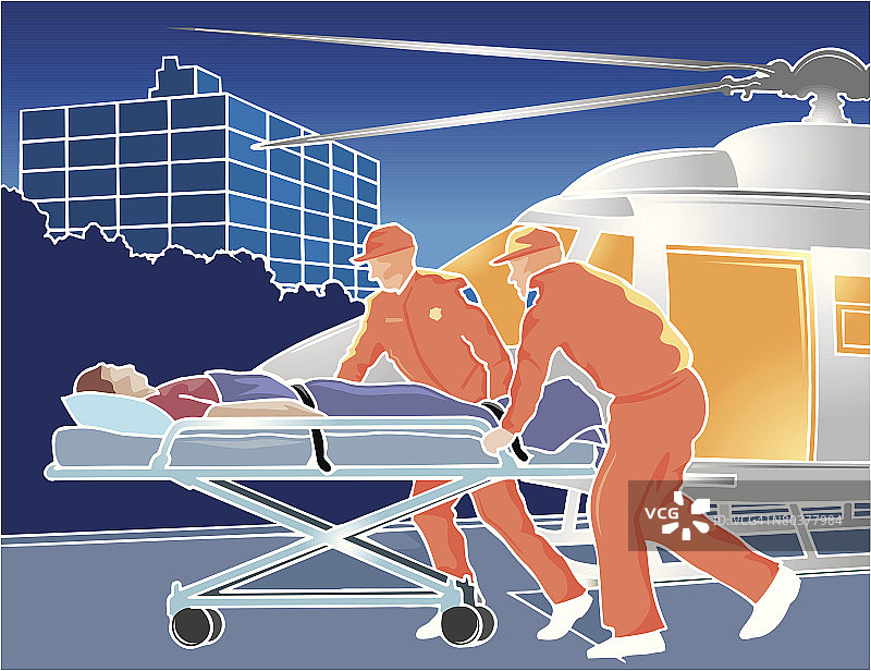 医护人员用轮床将病人从医疗直升机上抬下图片素材