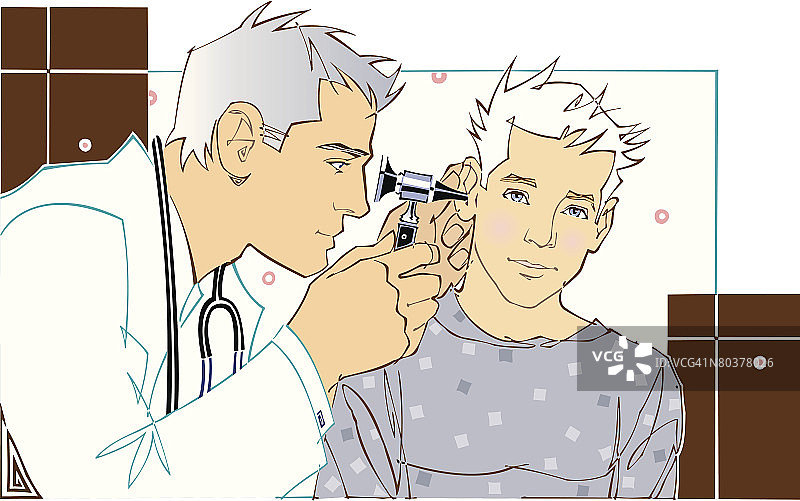 医生正在检查孩子的耳朵，彩色照片图片素材