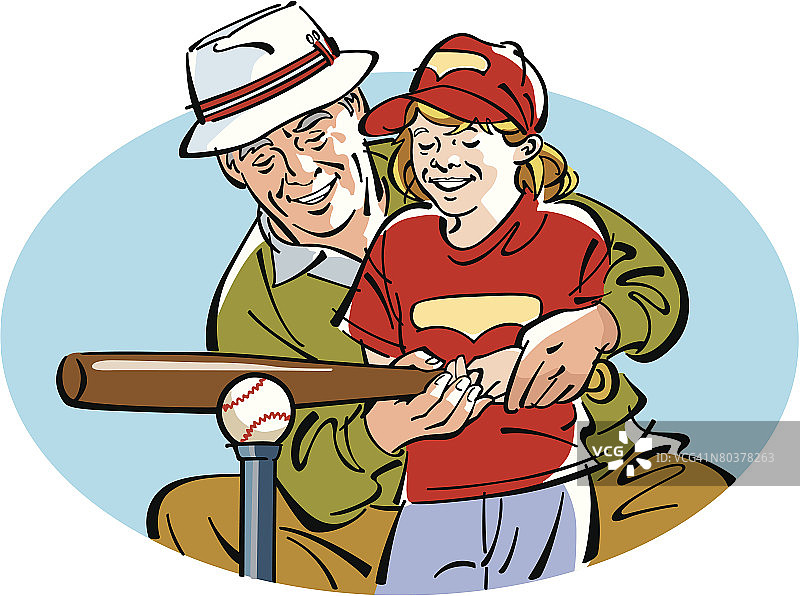 女孩和祖父打T-ball图片素材