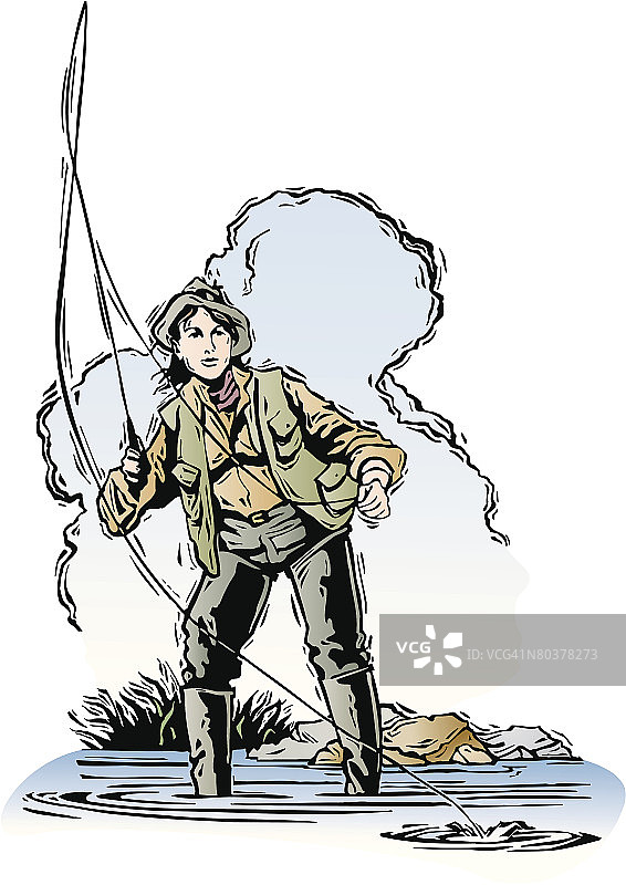 站在浅水中飞蝇钓的女人图片素材