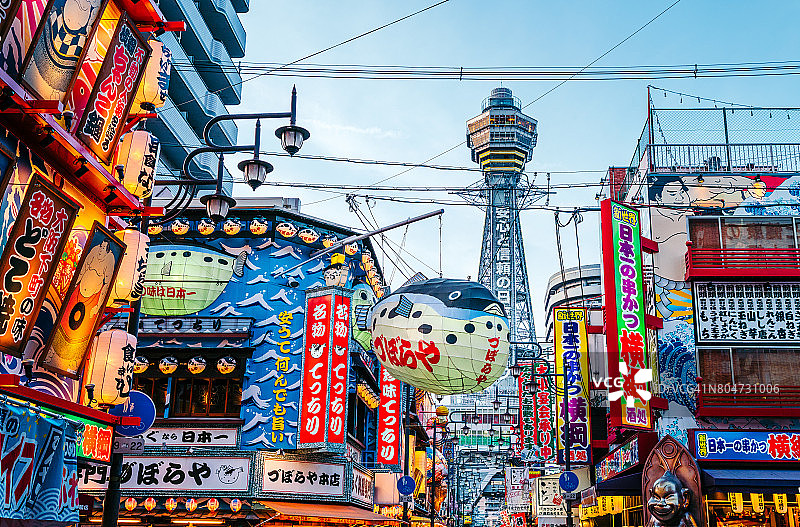 大阪塔和新世界区霓虹灯广告景观图片素材