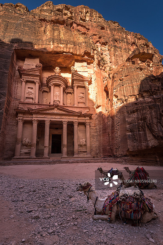 约旦佩特拉古城宝库前的骆驼图片素材