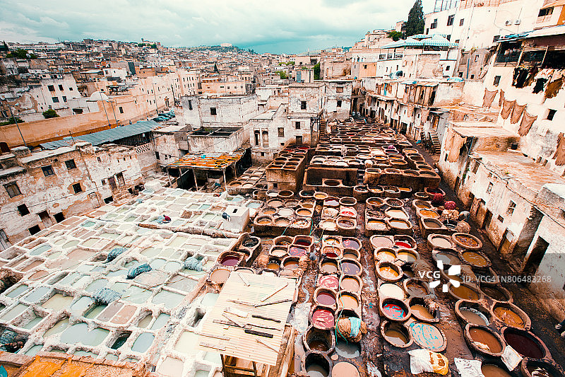 非斯古城皮革染坊，摩洛哥图片素材