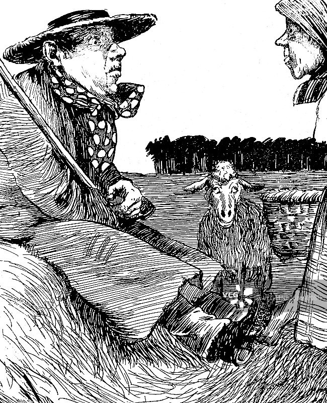 农民夫妇坐在干草堆上，背景是绵羊、草地和森林图片素材