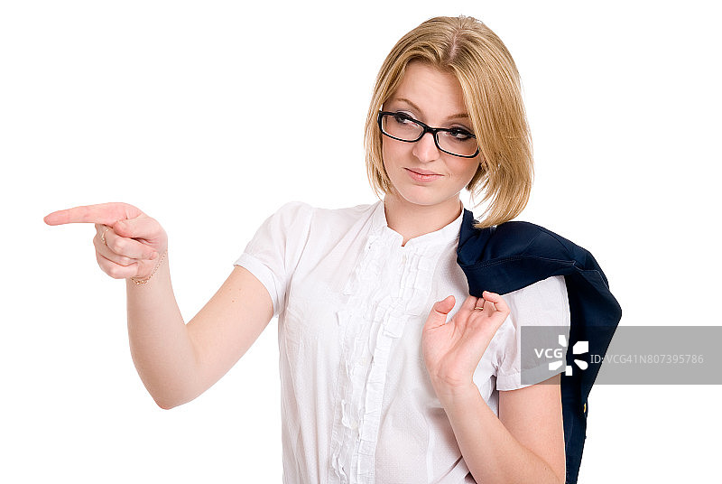 指着手指的年轻漂亮女人图片素材