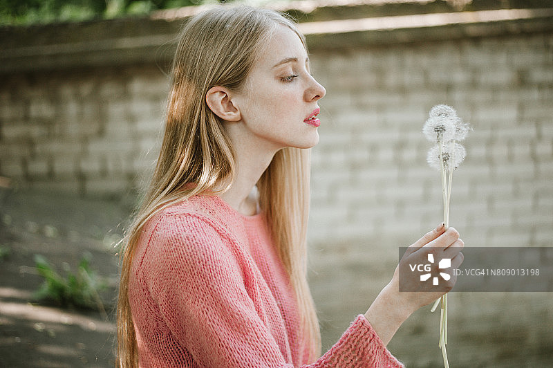 拿着蒲公英的女人图片素材