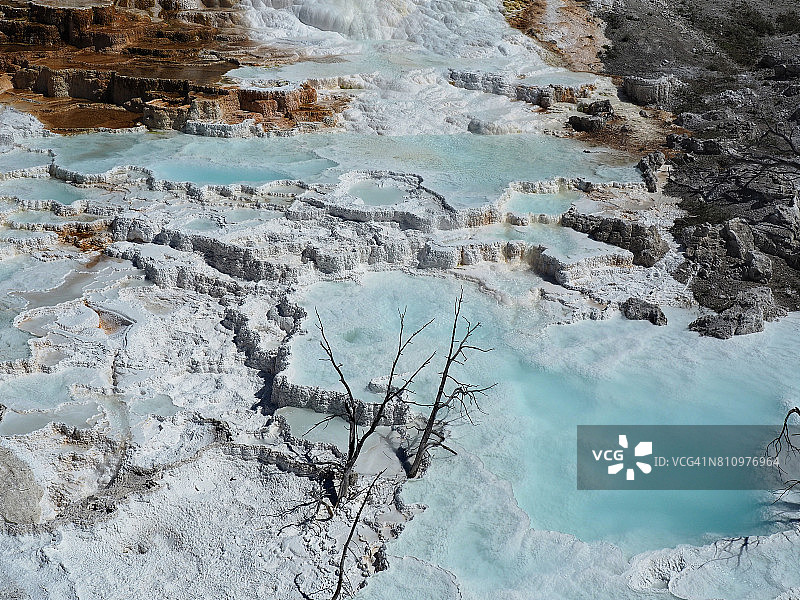 黄石国家公园猛犸温泉蓝绿色钙华池图片素材