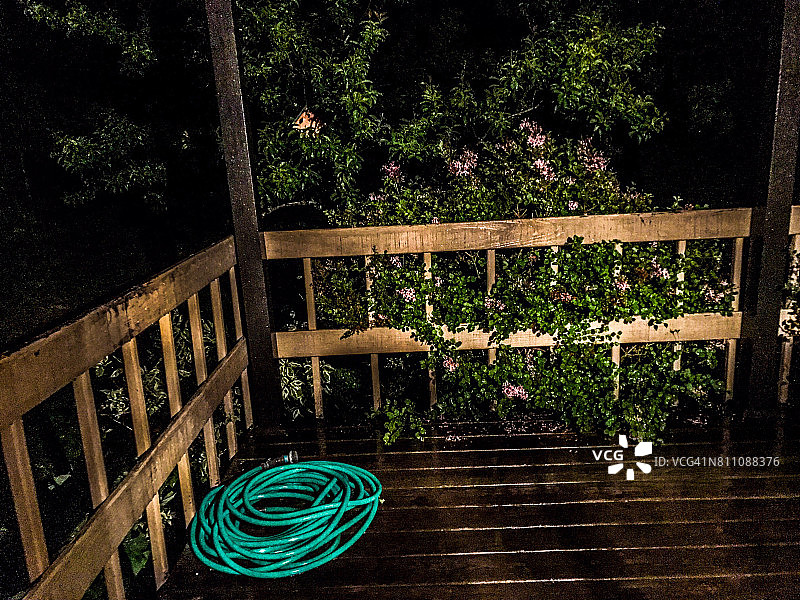 雨中的夏日甲板、丁香和水管，摄于美国康涅狄格州斯托尔斯图片素材