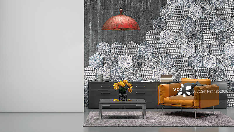 带有橙色扶手椅的客厅内饰图片素材