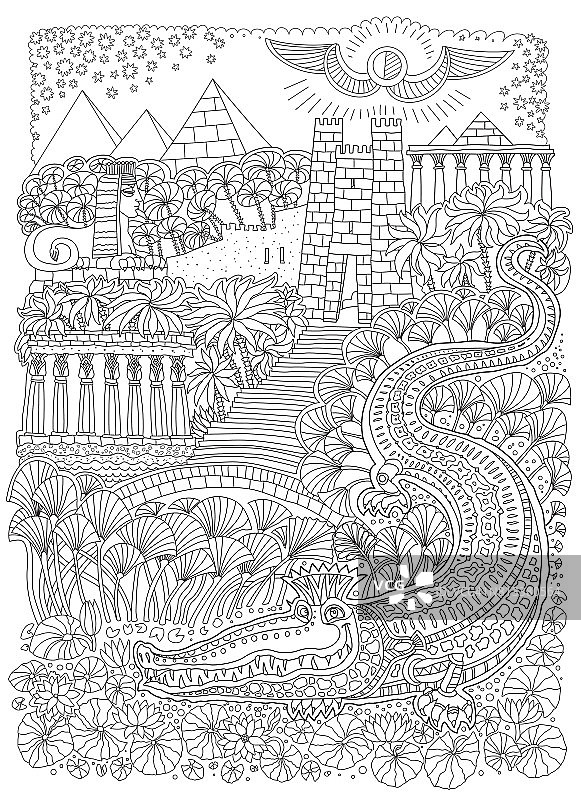 童话古埃及风景，鳄鱼寺庙金字塔，涂鸦黑白插画图片素材