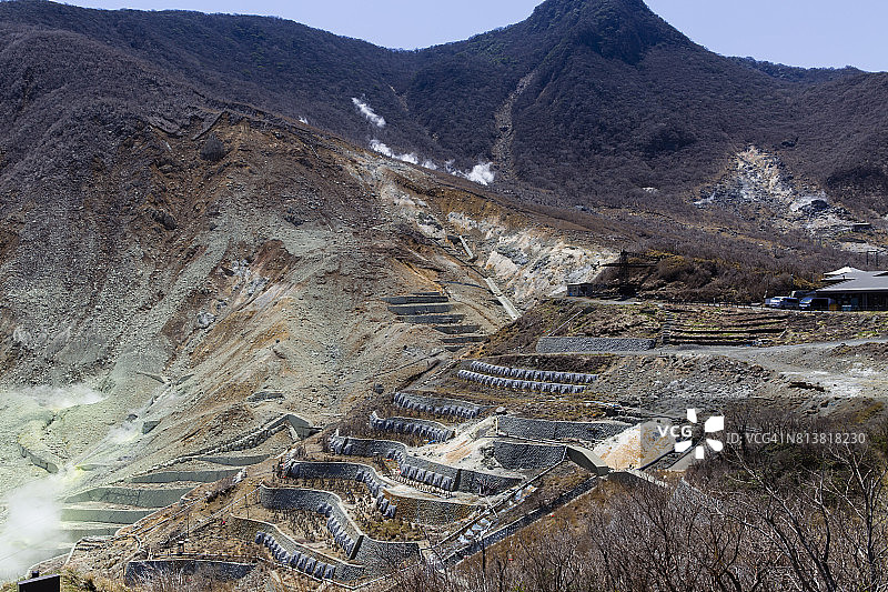 日本箱根大涌谷的硫磺喷气孔和温泉图片素材