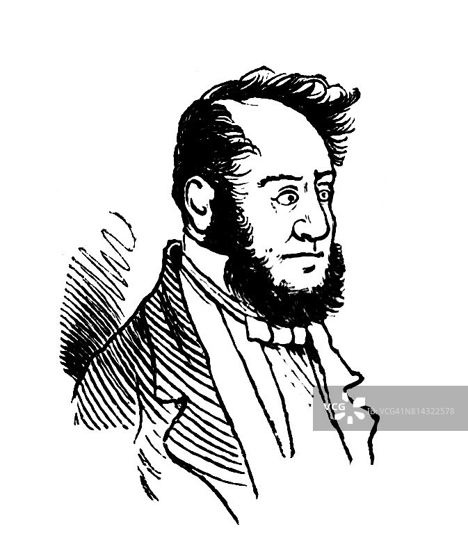 身着优雅服装、留着精心打理胡须的成年男子肖像插画，1867图片素材