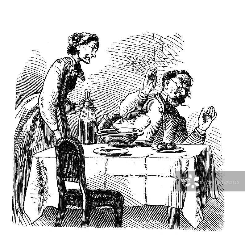 老年妇女拿着一瓶酒精给一个男人提供饮料，一个男人拒绝喝酒 - 1867年插图图片素材